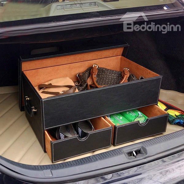 Attractive Black Color With Three Drawer High Capacity Leather Trunk Organizer
