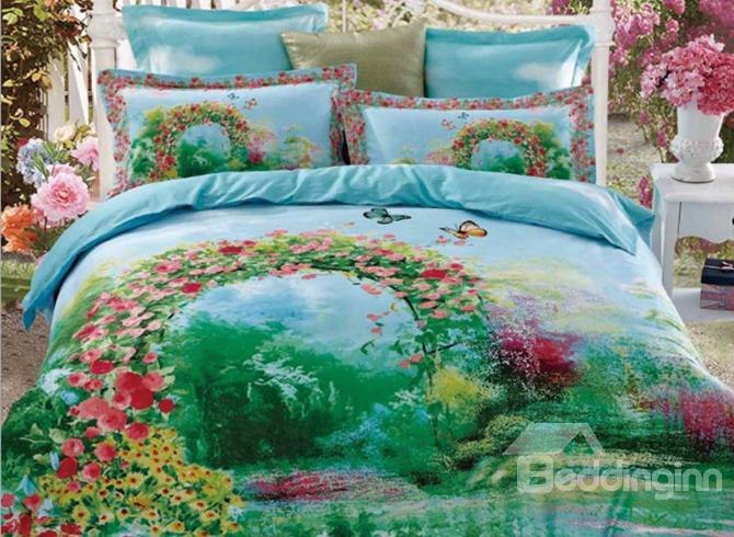 Attractive Colorful Flower And Butterfly Print Cotton 4-piece Duvet Cover Sets