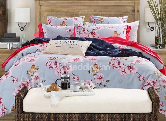 Beautiful Butterfly Orchid Print Cotton Blue 4-piece Duvet Cover Sets