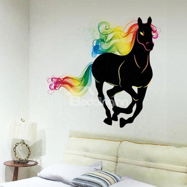 Black Running Horse With Colorful Outlines Waterproof Wall Stickers