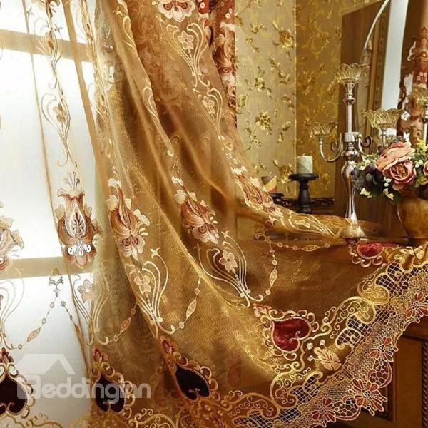 Blackout And Decoration Ventilate Embroidery Noble Luxury Golden Custom Sheer Curtain