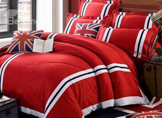 Blue And White Stripe Print Vivid Red 4-piece Cotton Duvet Cover  Sets