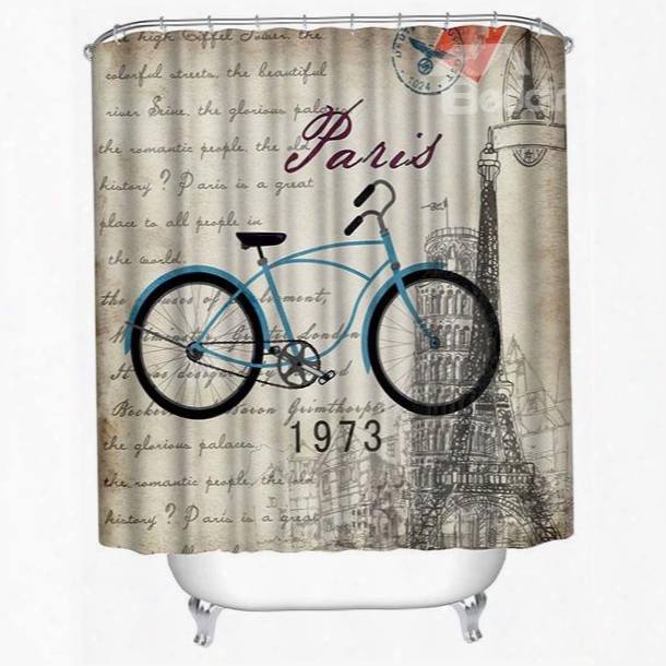 Blue Bicycle In Pais Print 3d Bathroom Shower Curtain