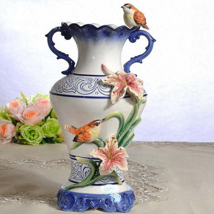 Blue Ceramic Decorative Birds Flower Vase Painted Pottery