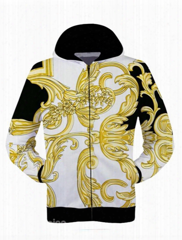 Bright Long Sleeve 3d Painted Flower Pattern Zipper Hoodie For Men
