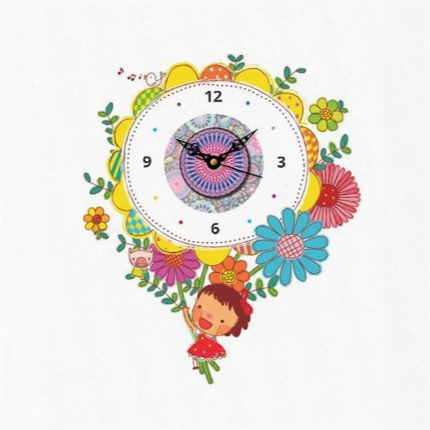 Cartoon Girl And Flower Pattern Needle And Digital Sticker Walll Clock
