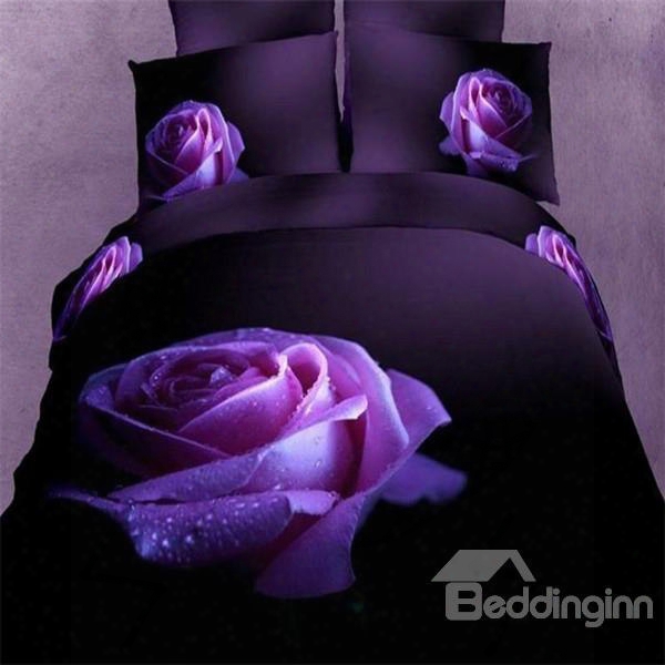 Charming Lifelike Purple Rose 3d Printed Cotton Fitted Sheet