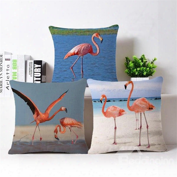 Charming Pink Flamingo By The Sea Print Throw Pillow Case
