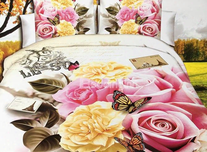 Chic Peony And Rose Print 4-piece Polyester 3d Duvet Cover