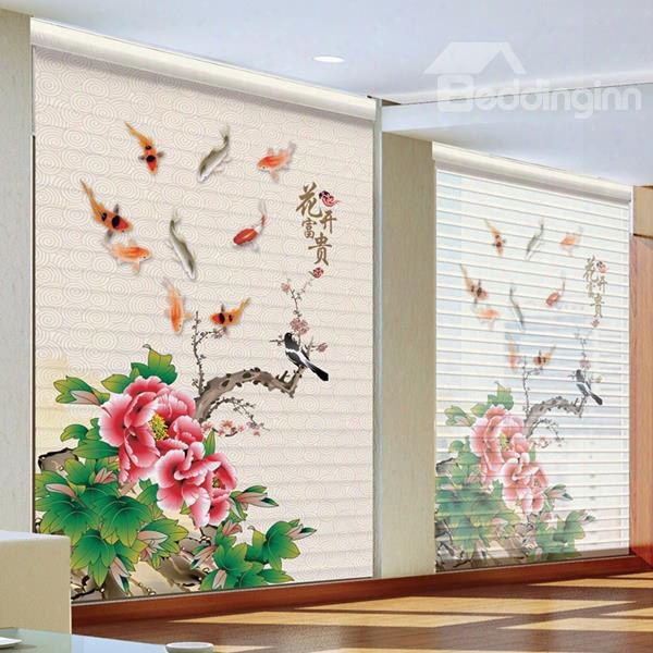 Chinese Style Grace Gorgeous Peony Printing Polyester Shangri-la Blind & Roller Shades