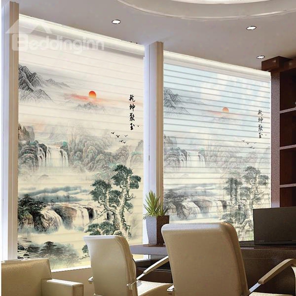 Chinese Style Landscape Painting Polyester Shangri-la Blind & Roller Shades