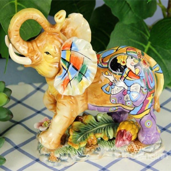 Colorful Ceramic Elephant Shape Beautiful Woman Pattern Painted Pottery