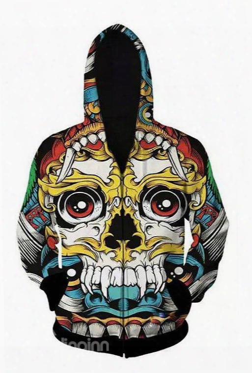 Colorful Long Sleeve 3d Painted Cartoon Skull Pattern Zipper Hoodie For Men