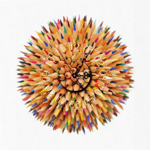 Colorful Pencils Pattern Needle And Digital Sticker Wall Clock