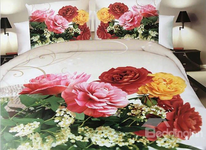 Colorful Peony Print 4-piece Polyester 3d Duvet Cover