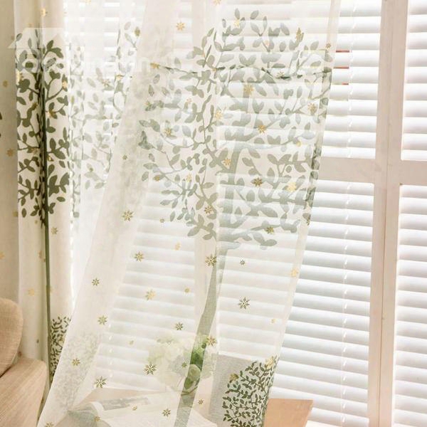 Country Style Green Tree Printing Custom Sheer Curtain