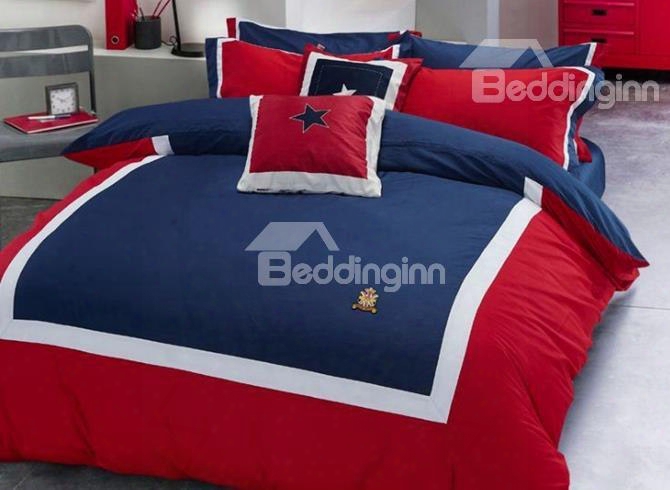 Cozy Red And Blue 100% Woven Cotton 4-piece Duvet Cover Sets