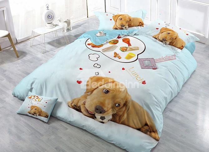 Creative Dog Thinking Lunch Food Print Satin Drill 4-piece Duvet Cover Sets