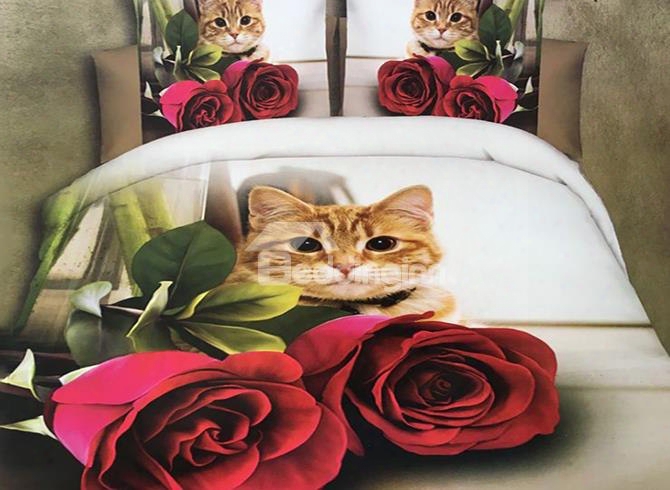 Cute Cat And Red Rose Print 4-piece Polyester 3d Duvet Cover