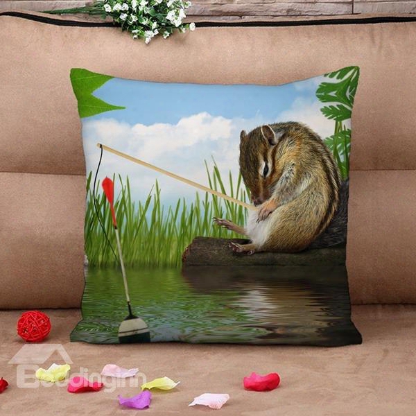 Cute Hamster And Fishing Rod Print Throw Pillow Case