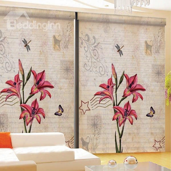 Cute Hand Painted Red Lily Printing 3d Shangri-la Blinds & Roller Shades