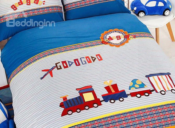 Cute Letter And Train Print Cotton 3-piece Kids Duvet Cover Sets