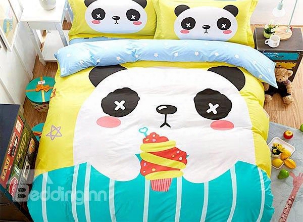 Cute Panda And Fruit Print 4-piece Cotton Duvet Cover Sets