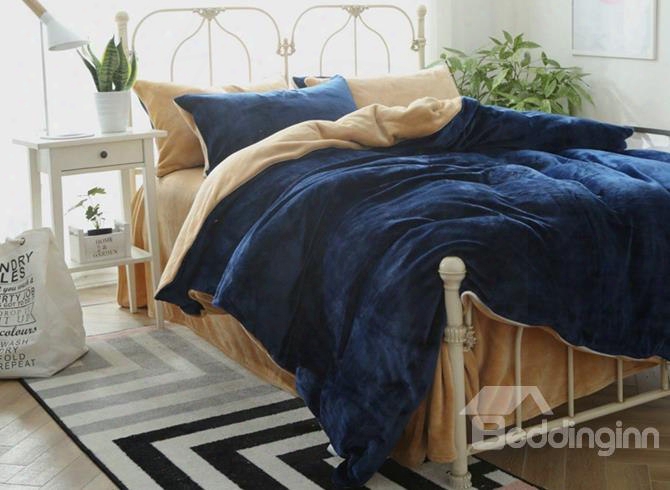 Dark Blue And Camel Flannel 4-piece Duvet Cover Sets