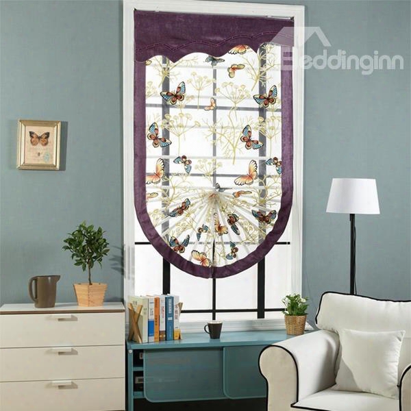 Designer Butterflies Print Organza Translucent Roman Shades With Purple Valance And Border