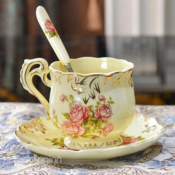 European Style Rose Pattern Ceramic Coffee Cup With Saucer