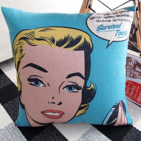 Fancy Cartoon Girl Print Blue Throw Pillow