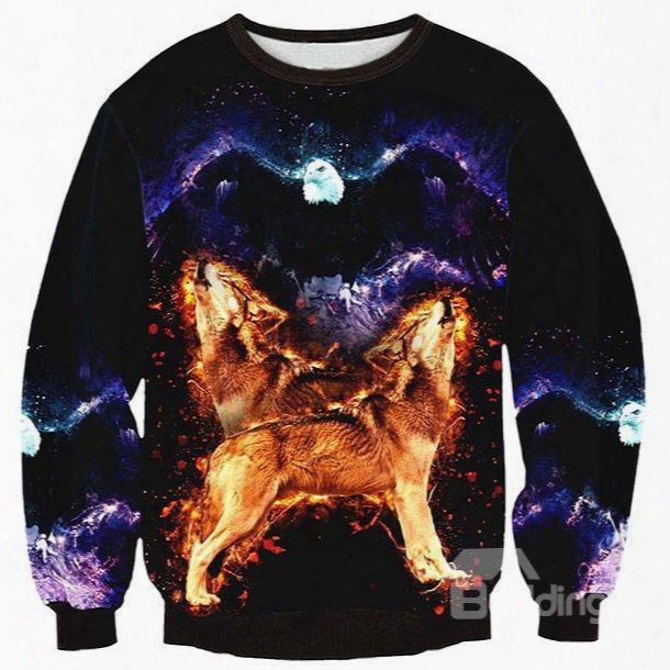 Fashion Long Sleeve Two Wolves Pattern 3d Painted Pullover Sweatshirt