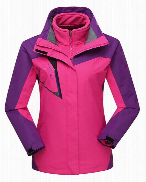 Female Color Block Outdoor Waterproof And Windproof 3 In 1 Fleece Lining Hiking Jacket