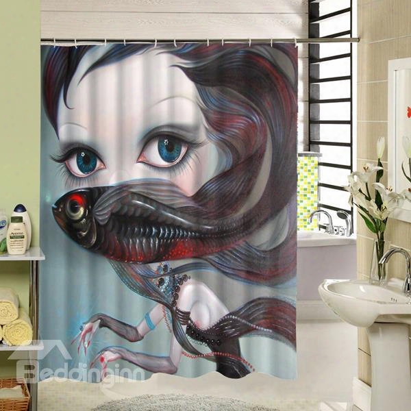 Freaky Cartoon Girl With Big Eyes And Fish Printing 3d Waterproof Shower Curtain