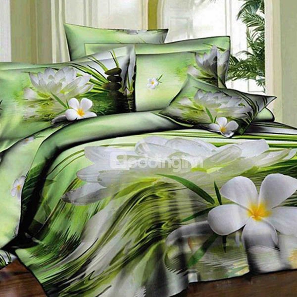 Fresh Green Pretty White Flower On Water Print 3d Fitted Sheet
