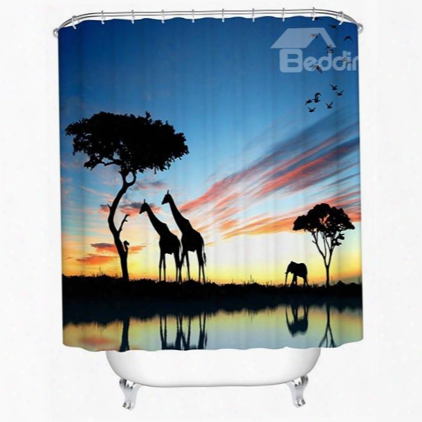 Giraffe On The Evening Print 3d Bathroom Shower Curtain