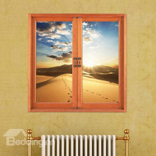 Golden Desert With Lines Of Foot Prints Window View Removable 3d Wall Stickers