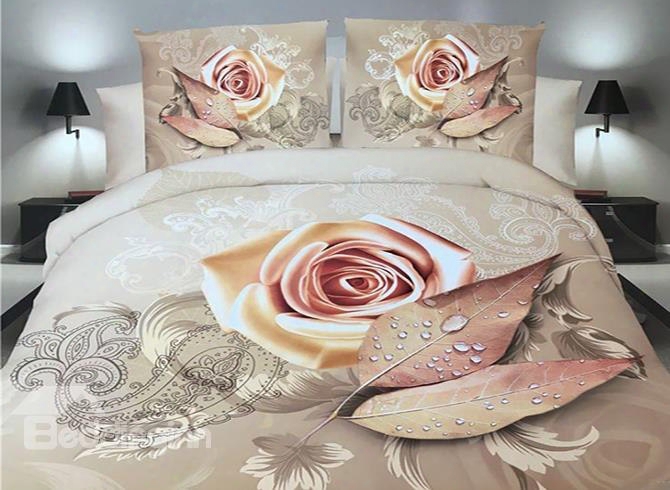 Golden Rose And Leaves Print 4-piece Polyester 3d Duvet Cover