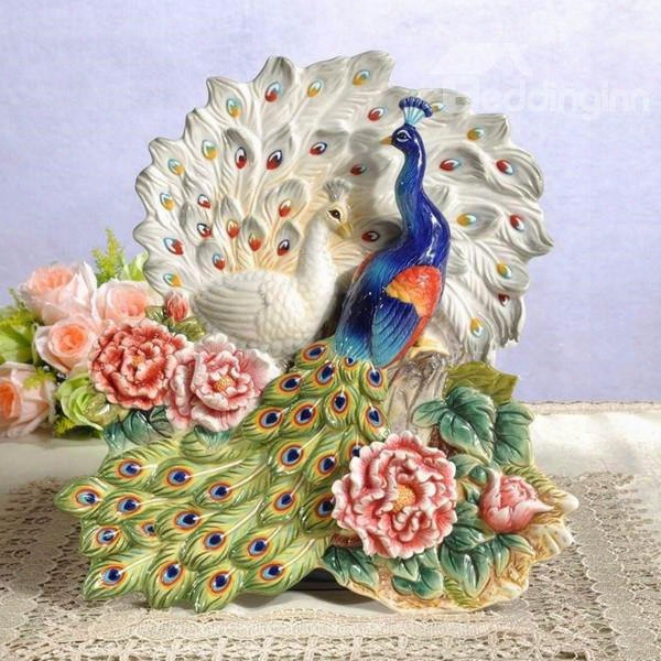 Gorgeous Ceramic Peacock Shape Desktop Decoration Painted Pottery