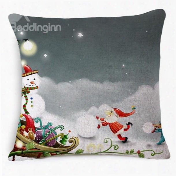 Joyful Santa Claus And Snowman Print Throww Pillow Case