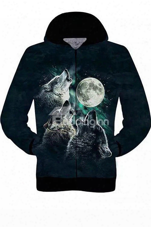 Long Sleeve 3d Painted Wolves Pattern Zipper Hoodie For Men