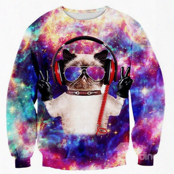 Long Sleeve Cat With Sunglass Pattern Multicolor Background 3d Painted Pullover Sweatshirt