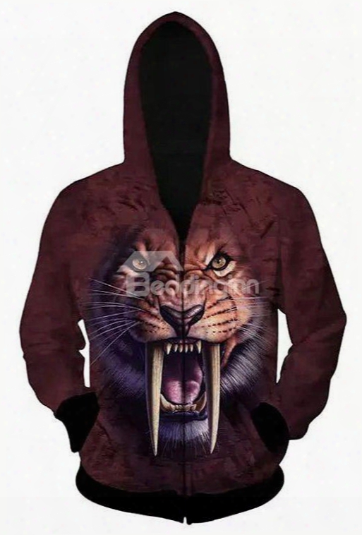 Long Sleeve Zip-front Saber-toothed Tiger Face Pattern 3d Painted Hoodie