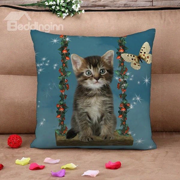 Lovely Cat And Butterfly Print Throw Pillow Case