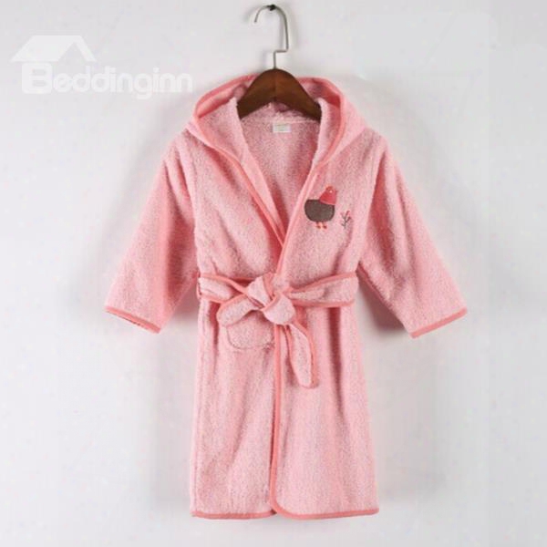 Lovely Chicken Embroideried Solid Color Purified Cotton Kids Robe