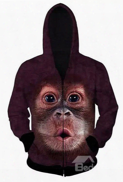 Lovely Long Sleeve Zip-front Monkey Pattern 3d Painted Hoodie