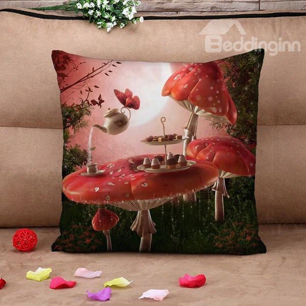 Mushroom And Butterfly Print Throw Pillow Case