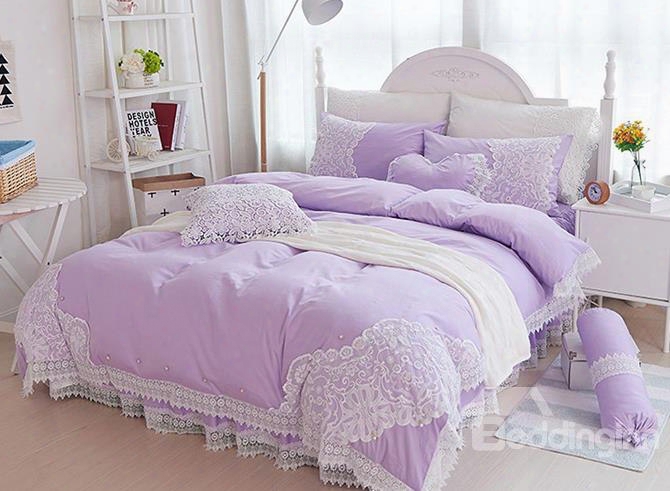 Noble Purple Beautiful Lace Embellishment 4-piece Cotton Duvet Cover Sets
