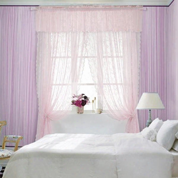 Pink Lace Sheer Curtain With Waves Border And Valance