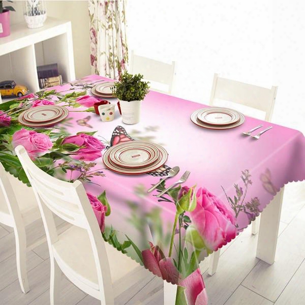 Pink Polyester Flower Anf Butterfly Pattern 3d Tablecloth